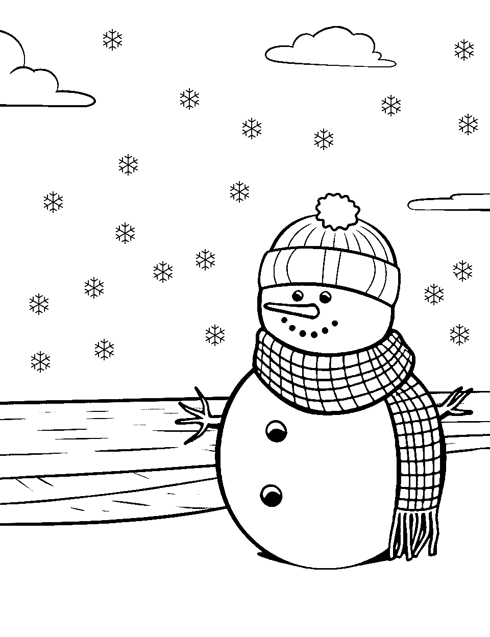 Snowman at the Beach Coloring Page - A snowman on a snowy beach.