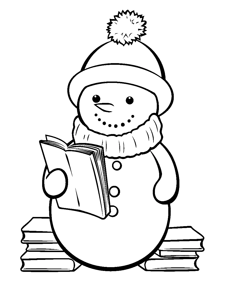 Snowman Reading a Book Coloring Page - A snowman reading a book with a happy smile on their face.