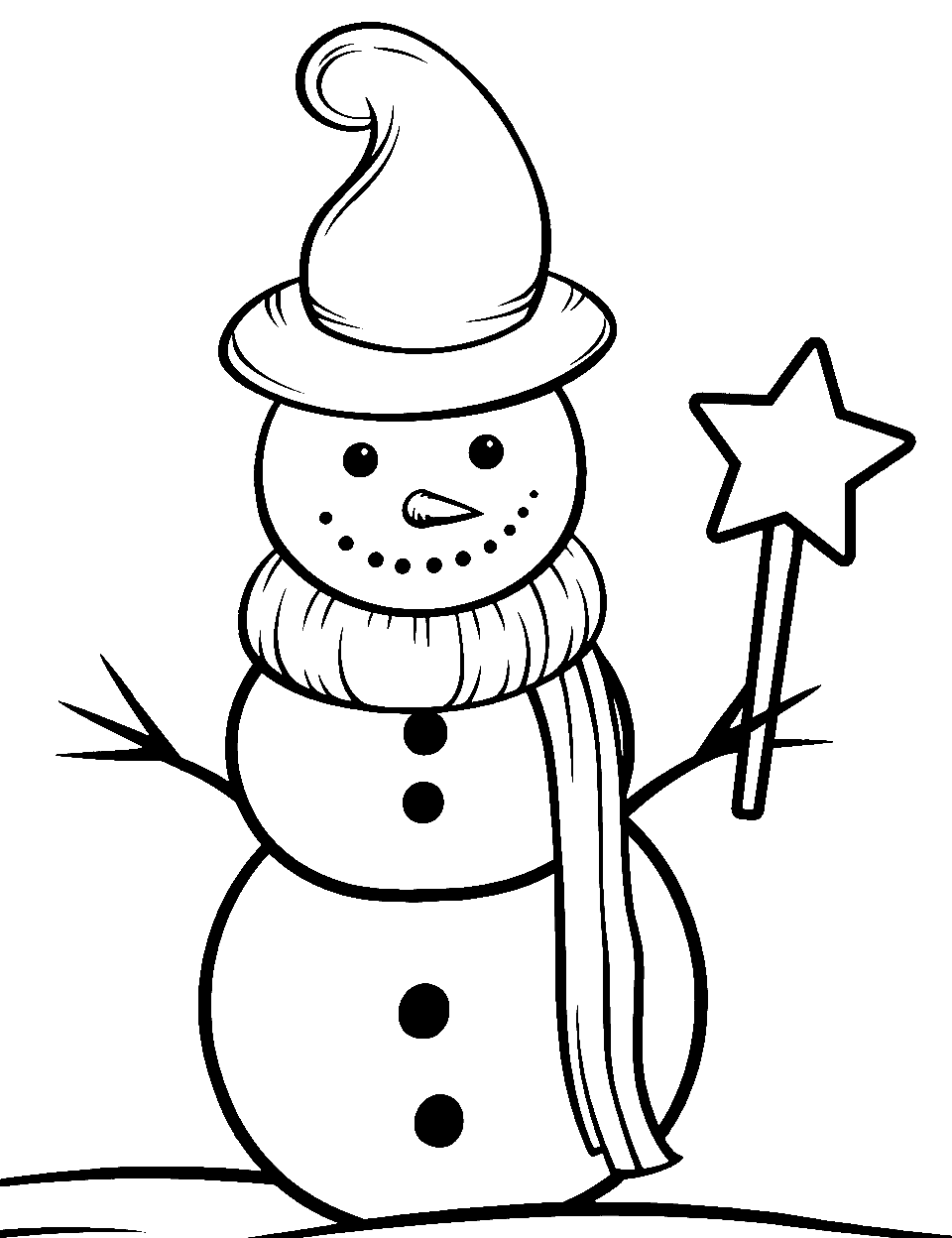 Magical Snowman with a Wand Coloring Page - A snowman wearing a wizard hat and holding a magic wand.