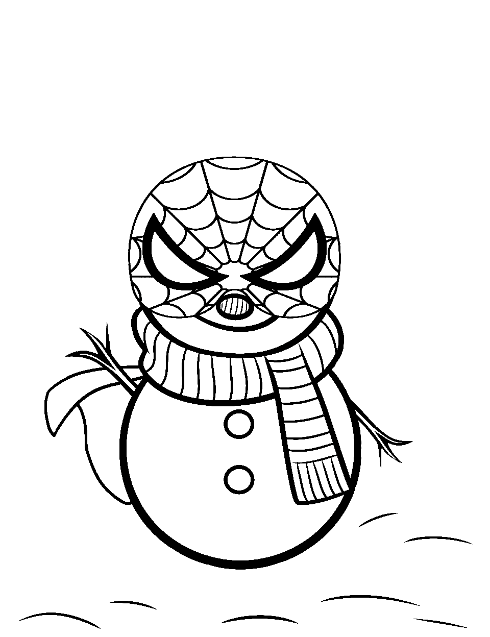 Snowman Superhero in Action Coloring Page - A snowman dressed as a superhero, striking a heroic pose.