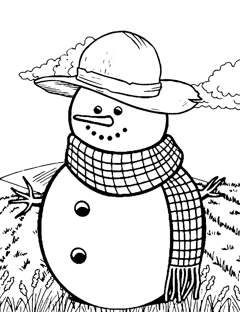 Snowman Farmer in a Field Coloring Page - A snowman with a straw hat, standing in a field.