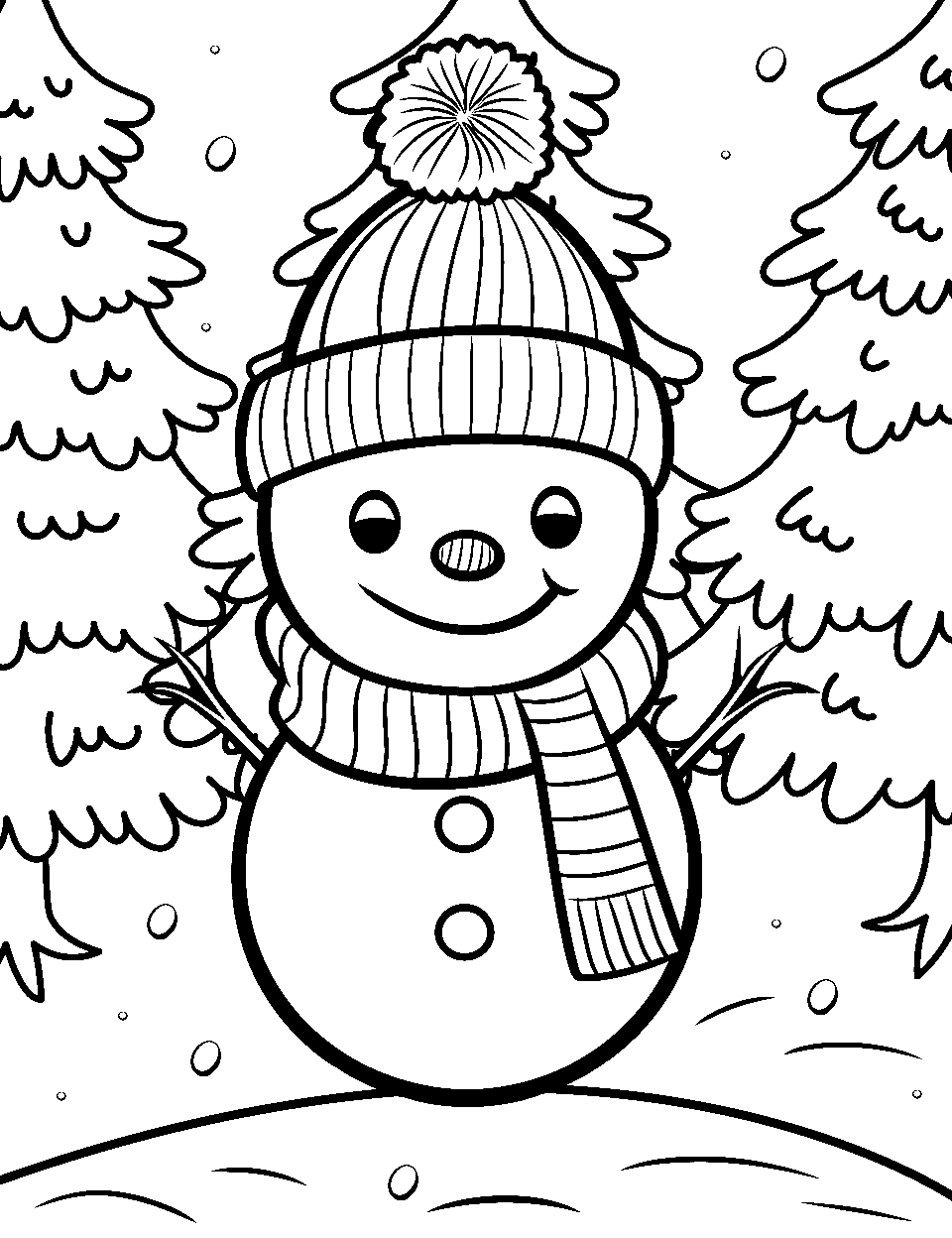 Snowman Adventure Coloring Page - A playful snowman with a carrot nose, exploring a snowy forest.