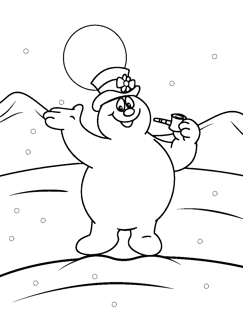Frosty the Snowman Coloring Page - Frosty standing in a snowy field with the sun rising in the background.