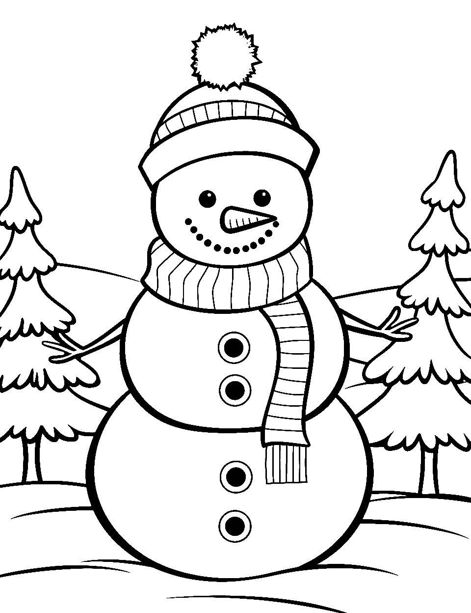 Winter Wonderland Scene Snowman Coloring Page - A snowman standing in a snowy winter landscape.