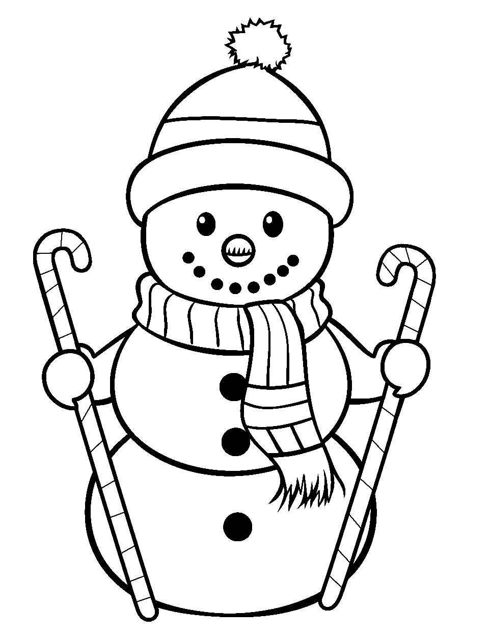 Merry Snowman with Candy Canes Coloring Page - A happy snowman holding candy canes in each hand.