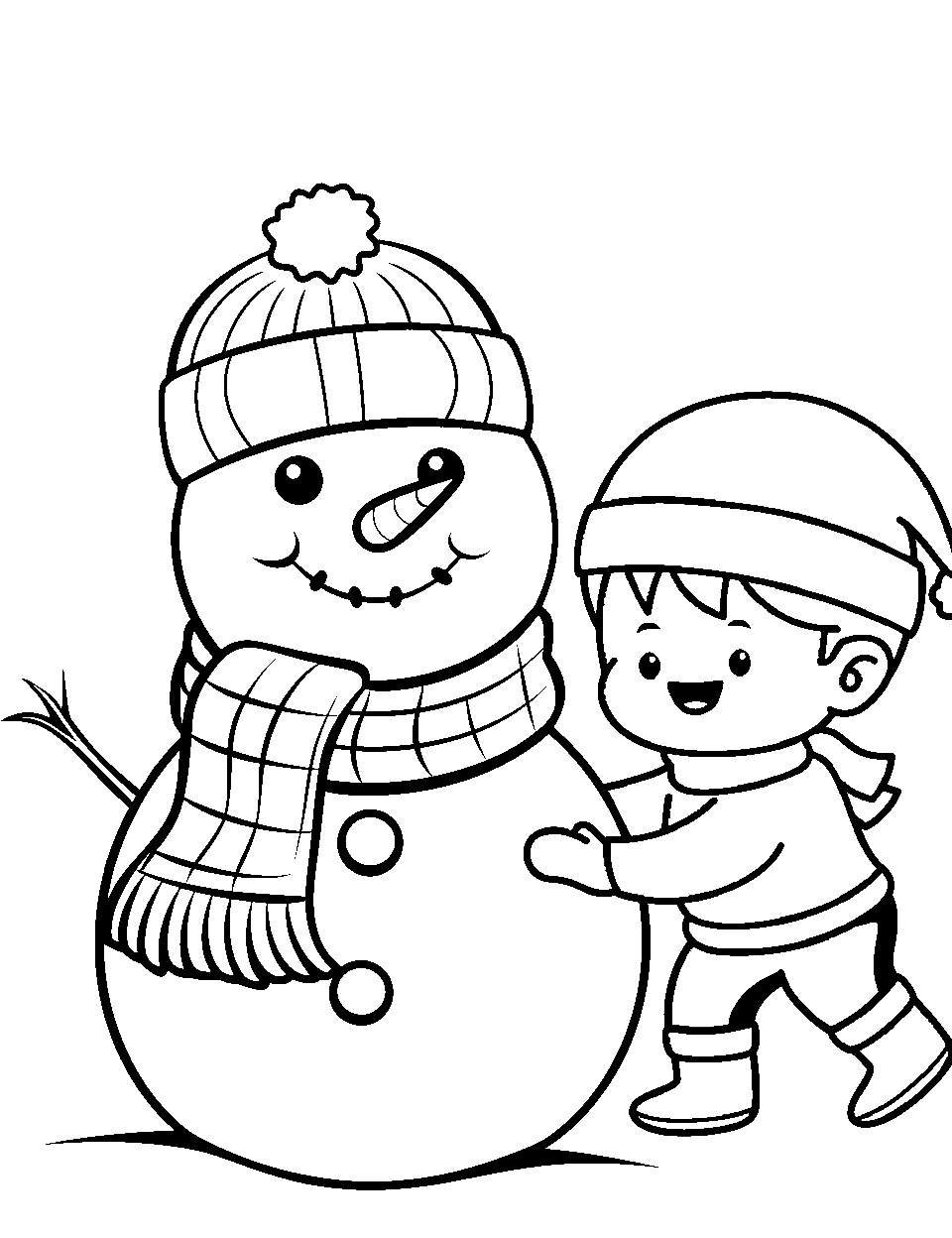Kid Building a Snowman Coloring Page - A kid putting the finishing touches on a snowman.