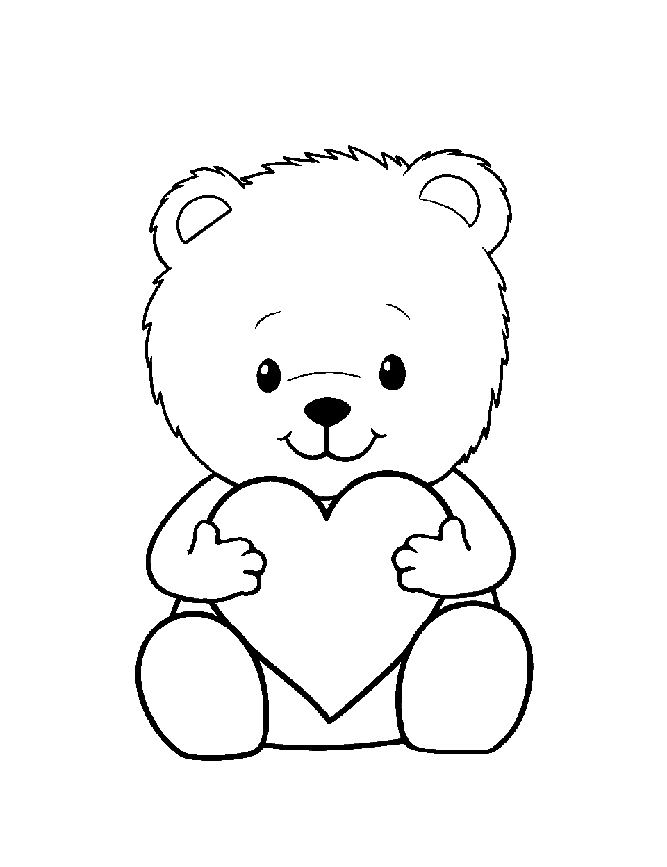 Teddy Bear Hug Coloring Page - A fluffy teddy bear holding a heart cushion.