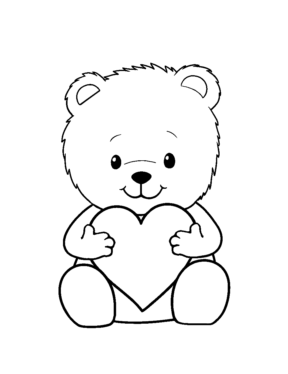 Teddy Bear Hug Valentines Day Coloring Page - A fluffy teddy bear holding a heart cushion.