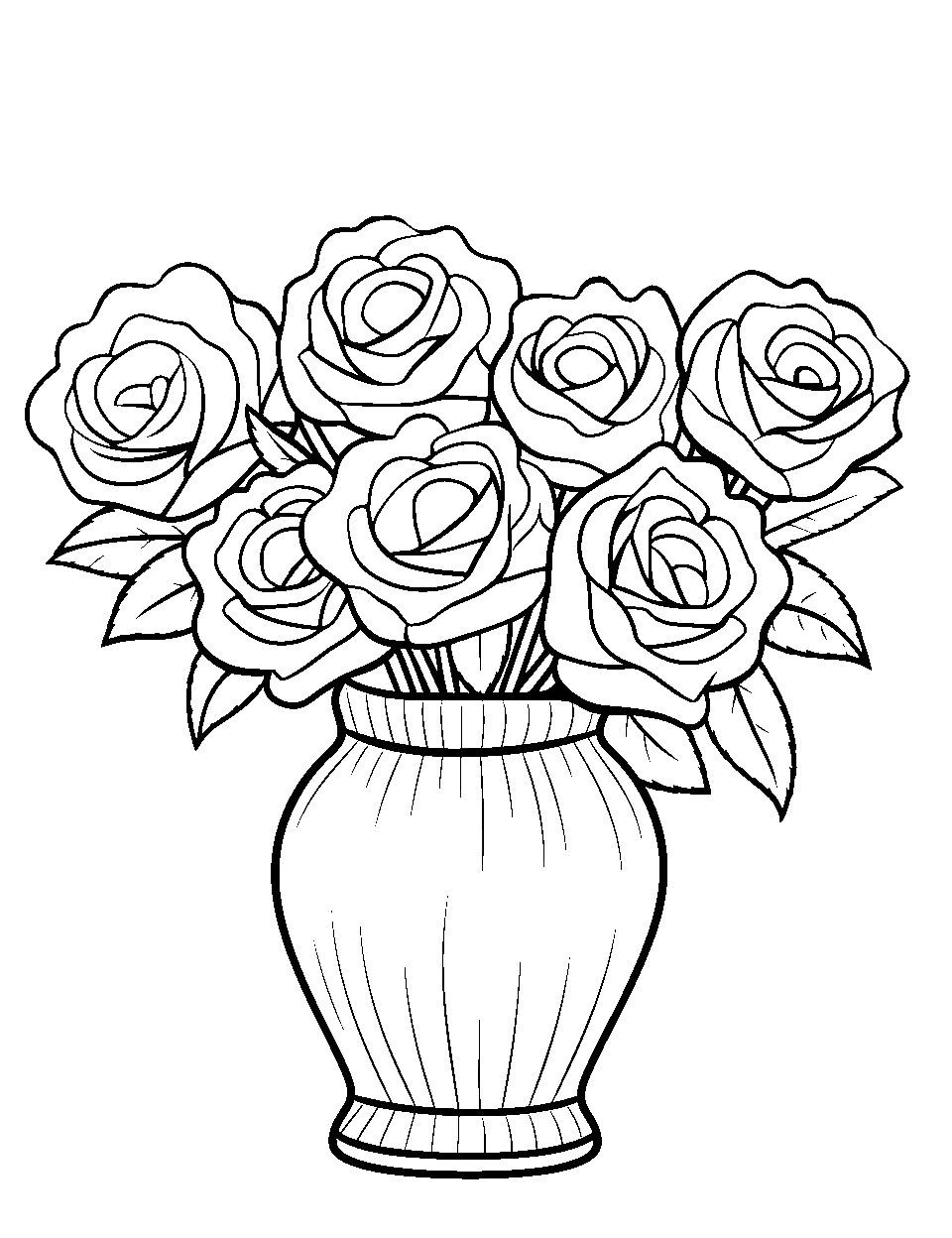 Roses in a Vase Valentines Day Coloring Page - A vase filled with roses for a special someone.