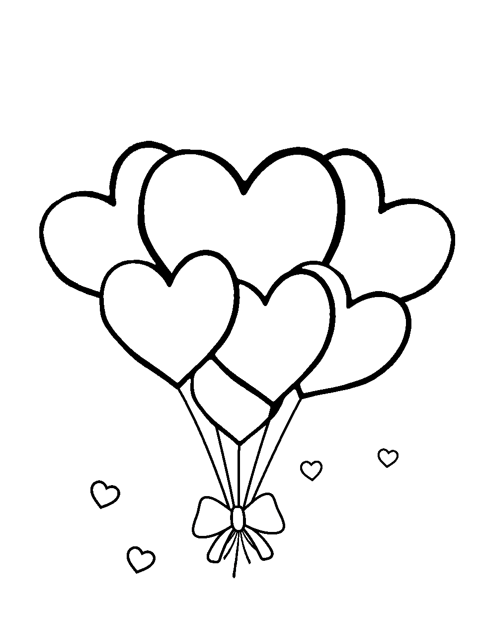 Celebration with Heart Balloons Coloring Page - A bunch of heart balloons with colorful ribbons.