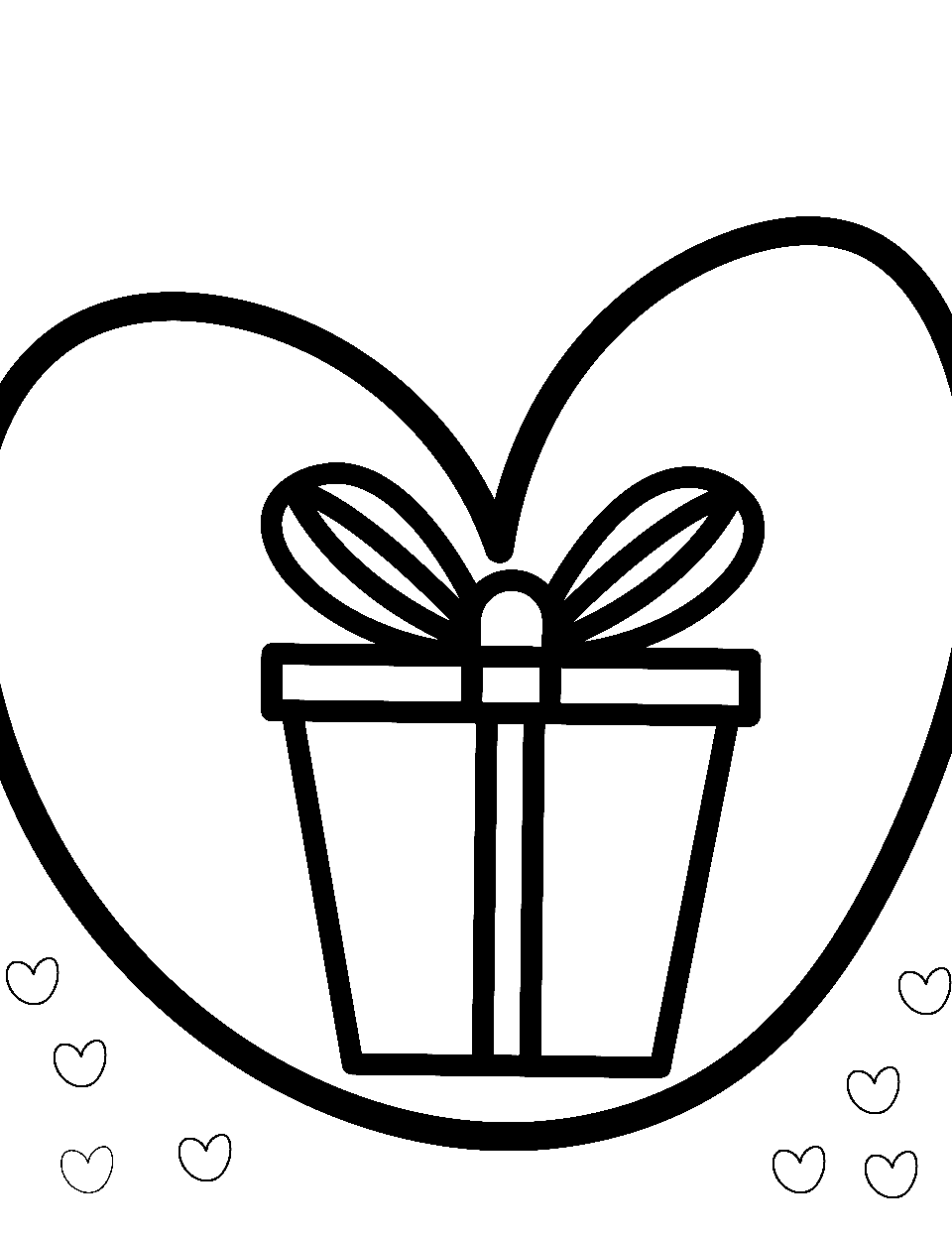 Gift Box Surprise Coloring Page - A gift box with a big bow and a big heart sticker behind it.