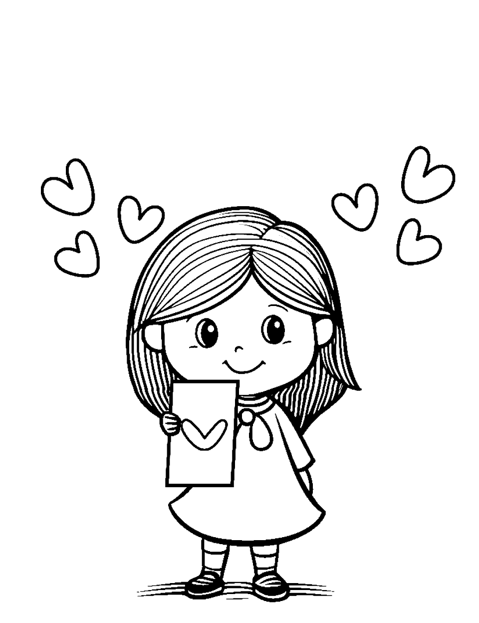 Girl with a Valentine Card Coloring Page - A young girl holding a large Valentine’s Day card with a smile.