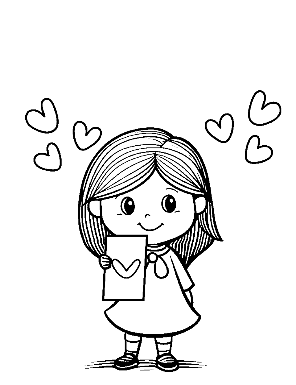 Girl with a Valentine Card Valentines Day Coloring Page - A young girl holding a large Valentine’s Day card with a smile.