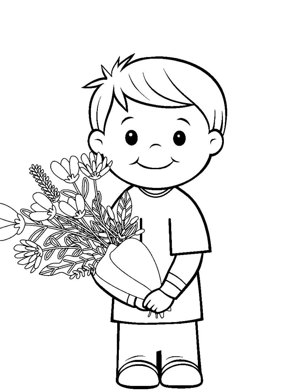 Boy with a Bouquet Valentines Day Coloring Page - A young boy holding a bouquet of flowers.