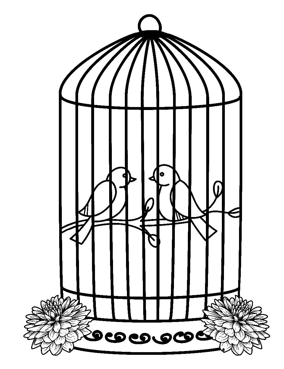 Lovebirds in a Cage Valentines Day Coloring Page - Two birds sitting together in a decorative cage.