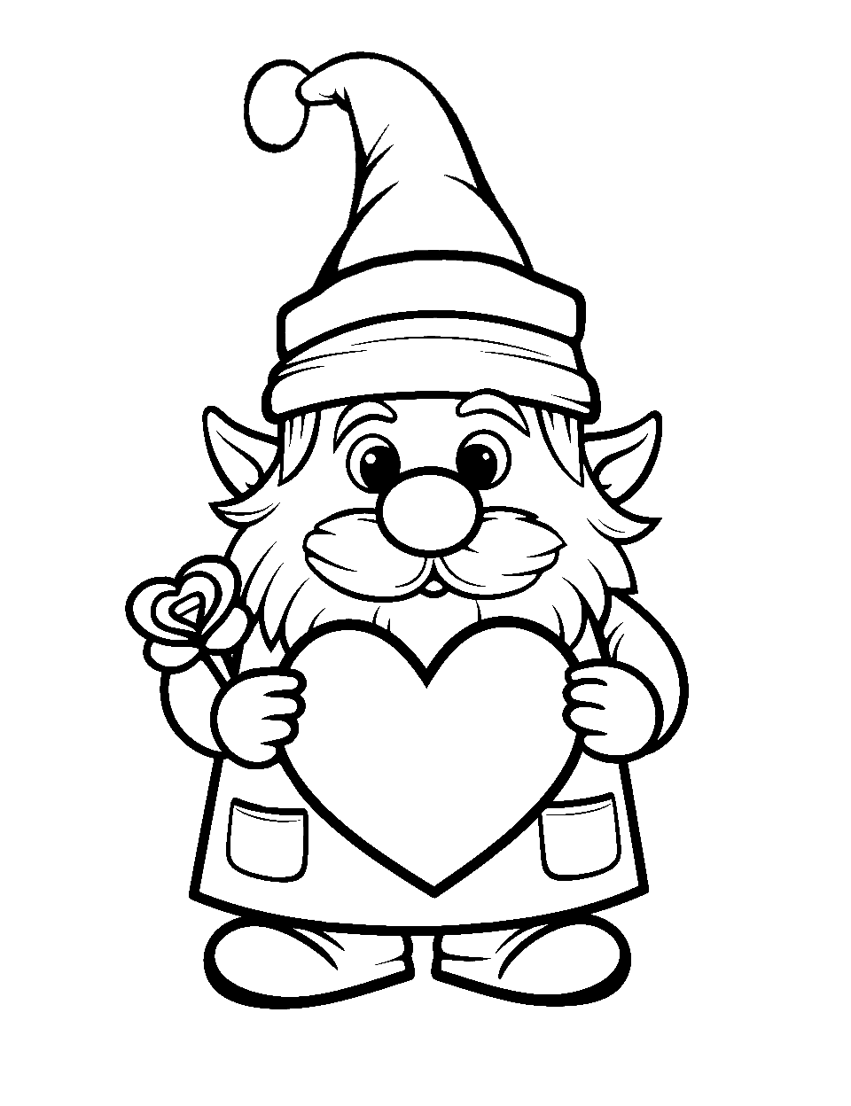 Gnome Holding a Heart Valentines Day Coloring Page - A cute gnome with a big valentine heart in his hands.