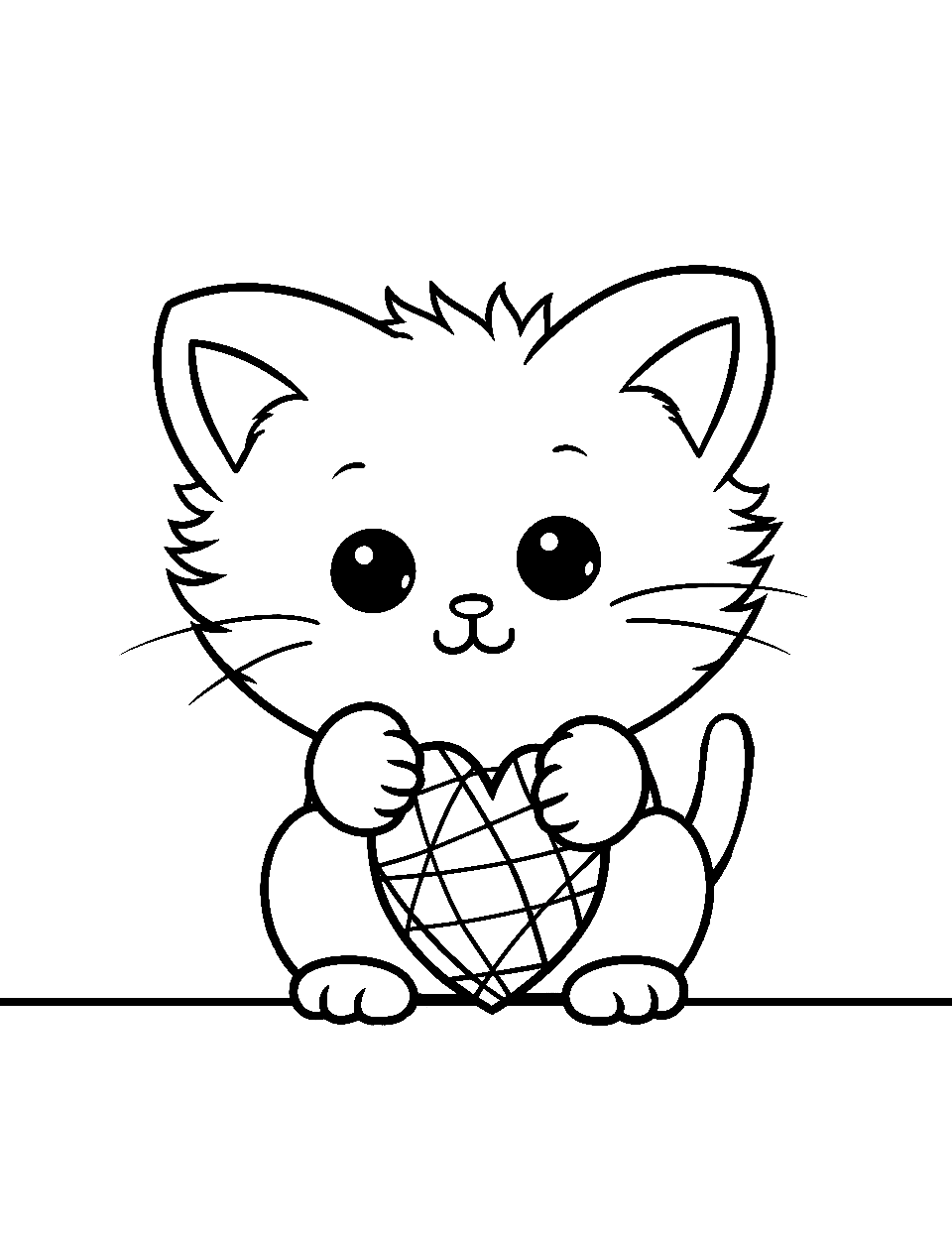 Kitten with a Yarn Heart Valentines Day Coloring Page - A playful kitten holding a heart-shaped yarn.