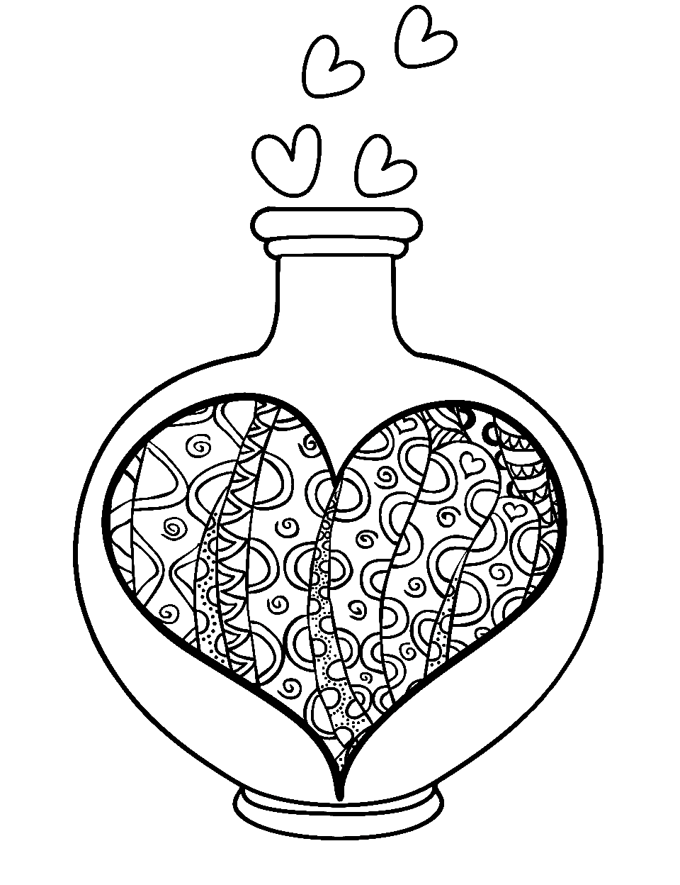 Love Potion Bottle Valentines Day Coloring Page - An intricately detailed Love Potion bottle with heart bubbles coming out.