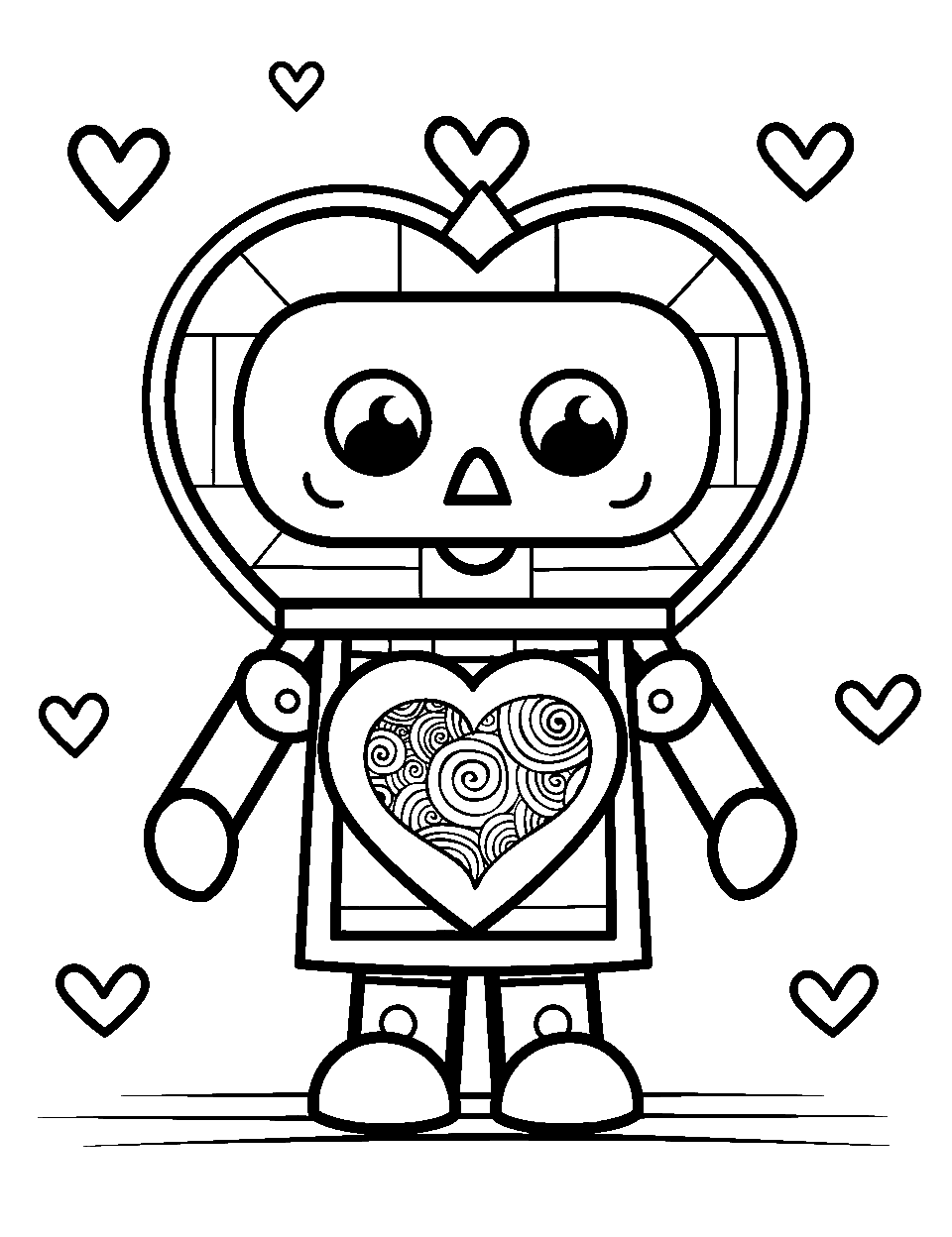 Loving Robot with a Heart Screen Valentines Day Coloring Page - A robot displaying a heart on its chest screen.