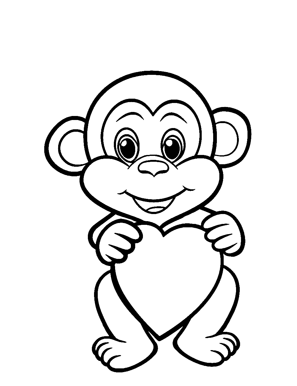 Monkey with a Heart Coloring Page - A monkey holding a heart with a big grin on his face.