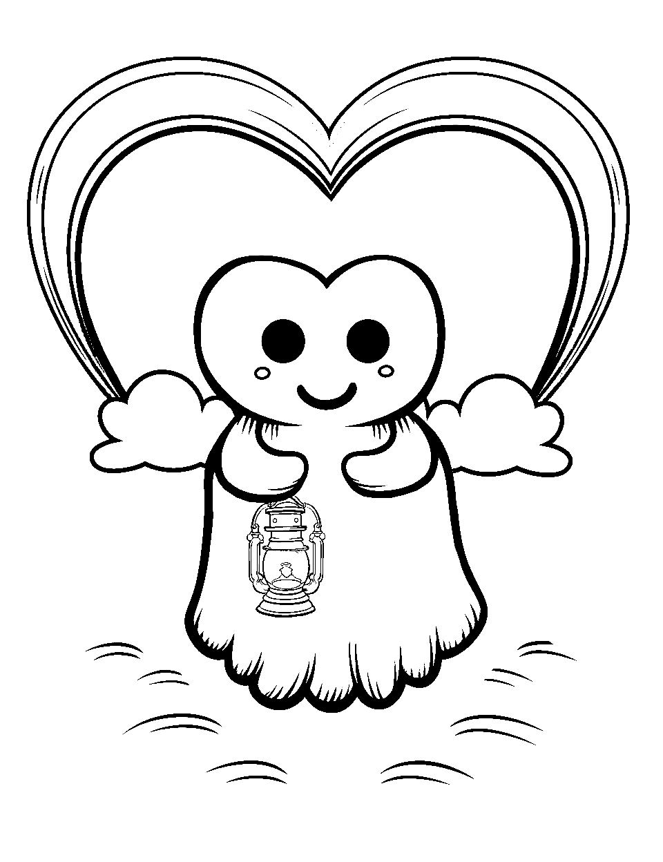 Friendly Ghost Coloring Page - A ghost floating with a lantern and oozing heart-shaped smoke behind.