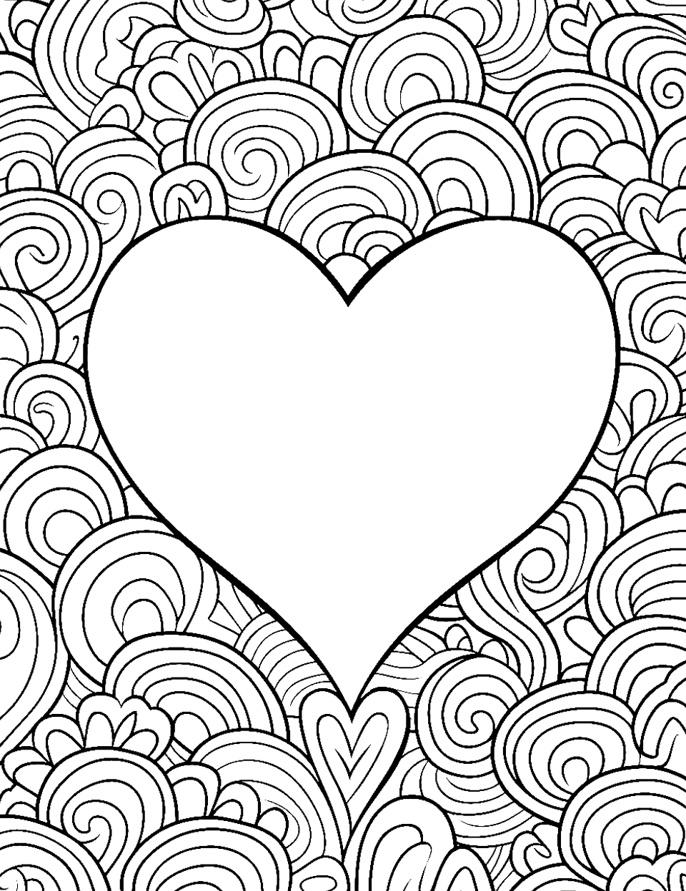 Artistic Heart Patterns Valentines Day Coloring Page - Geometric and swirly patterns behind a heart for adult coloring.