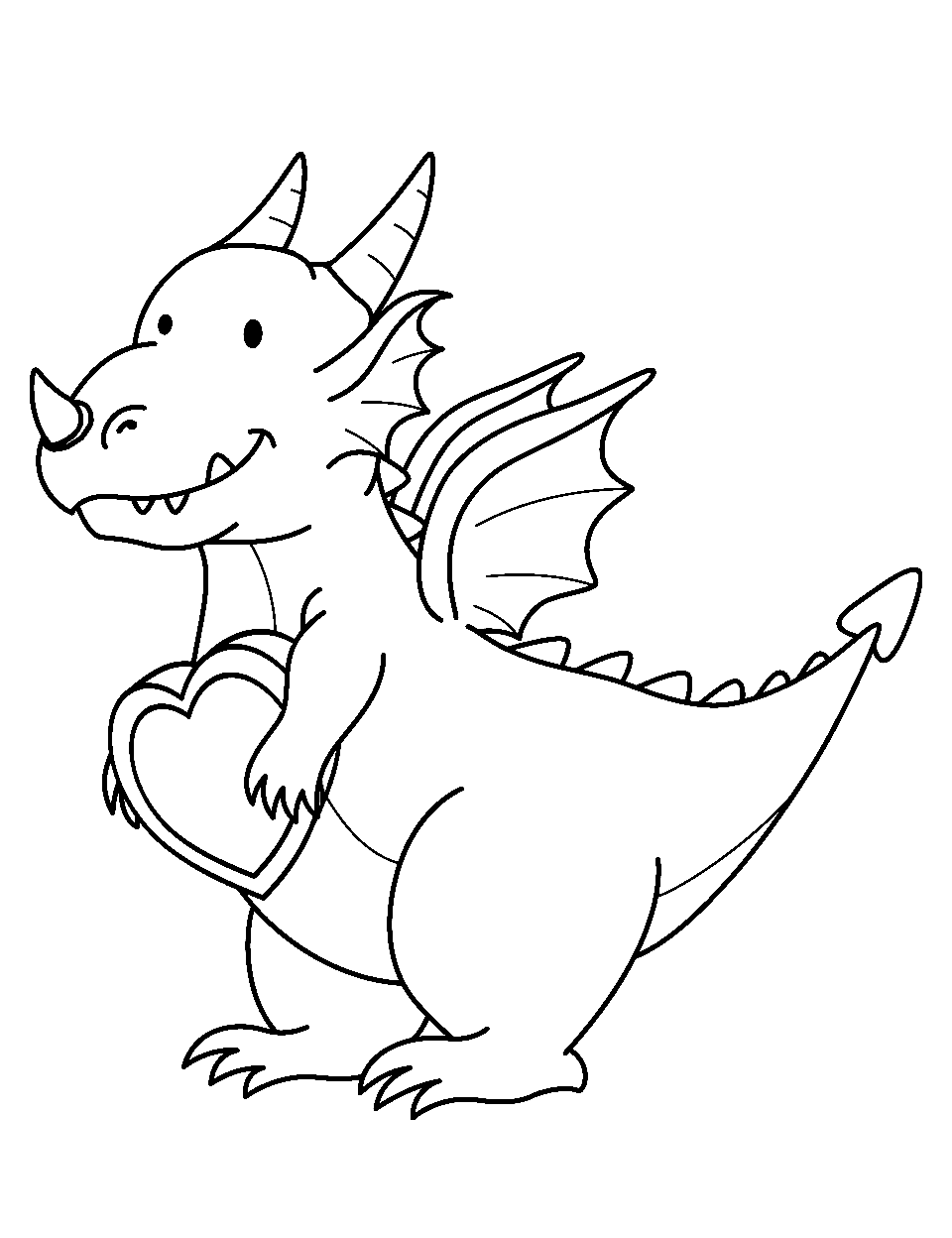 Dragon Holding a Heart Coloring Page - A dragon Holding a giant heart with its claws ready to be presented to its loved one.