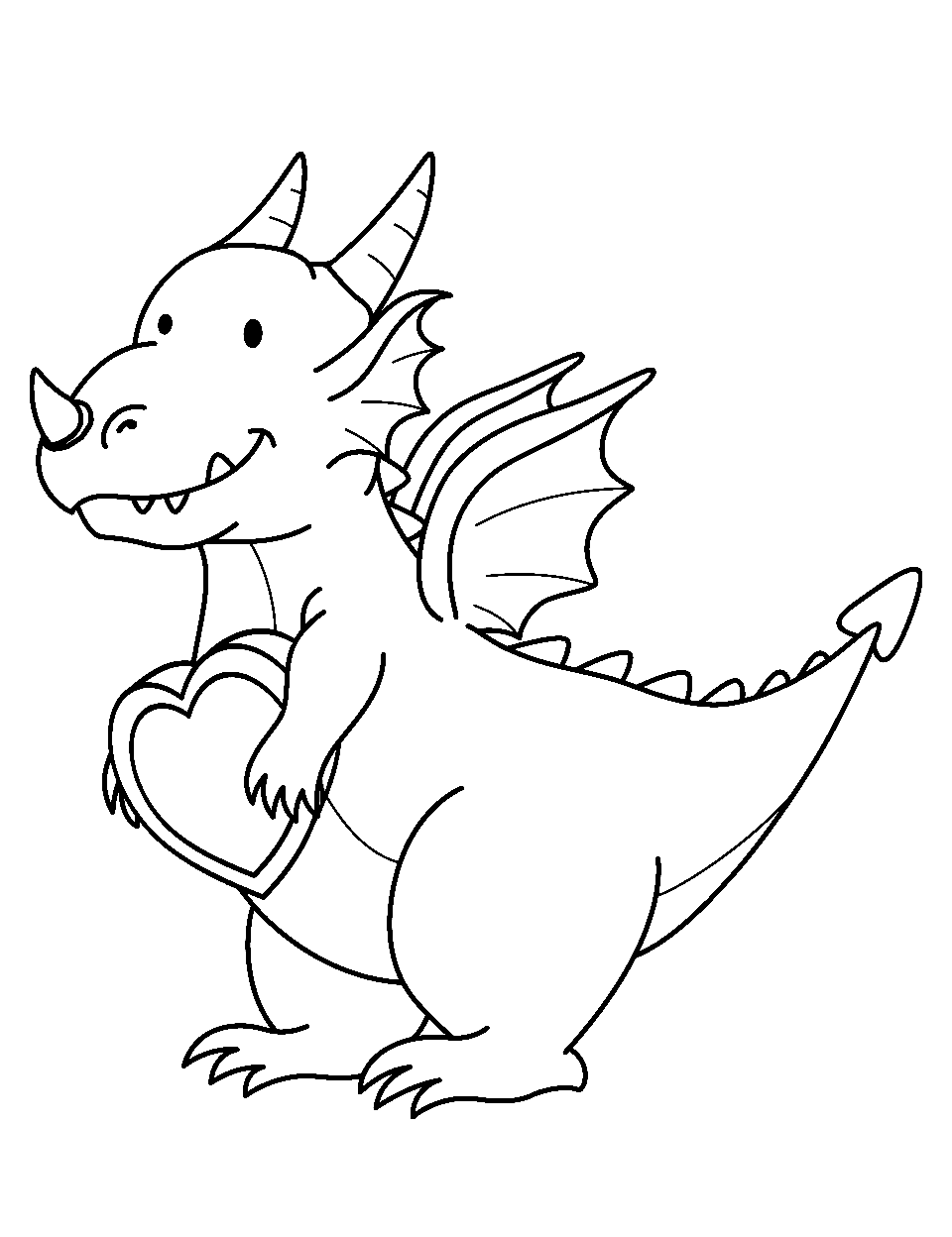 Dragon Holding a Heart Valentines Day Coloring Page - A dragon Holding a giant heart with its claws ready to be presented to its loved one.