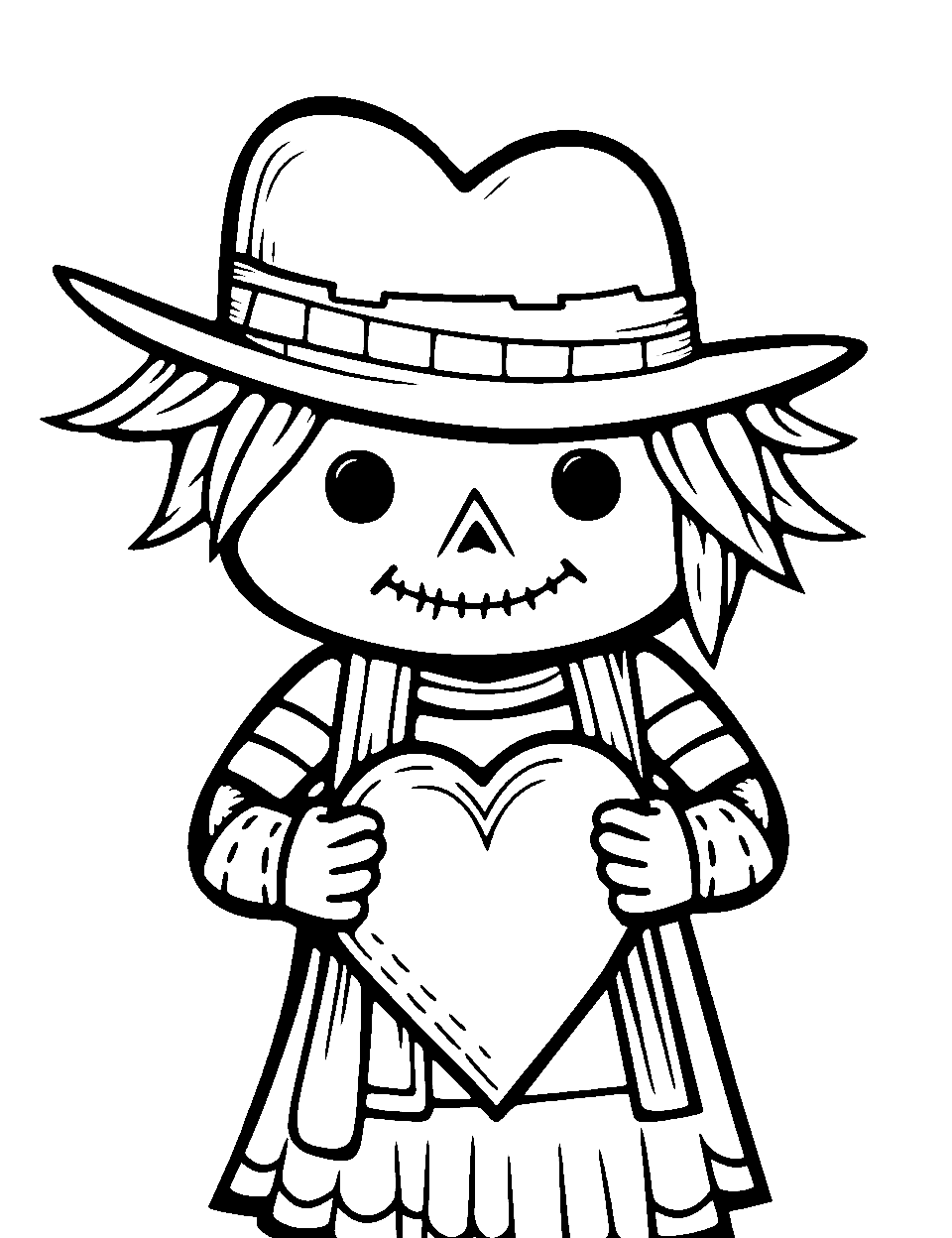 Heart Patched Scarecrow Coloring Page - A patched scarecrow holding a stitched heart in his hand.