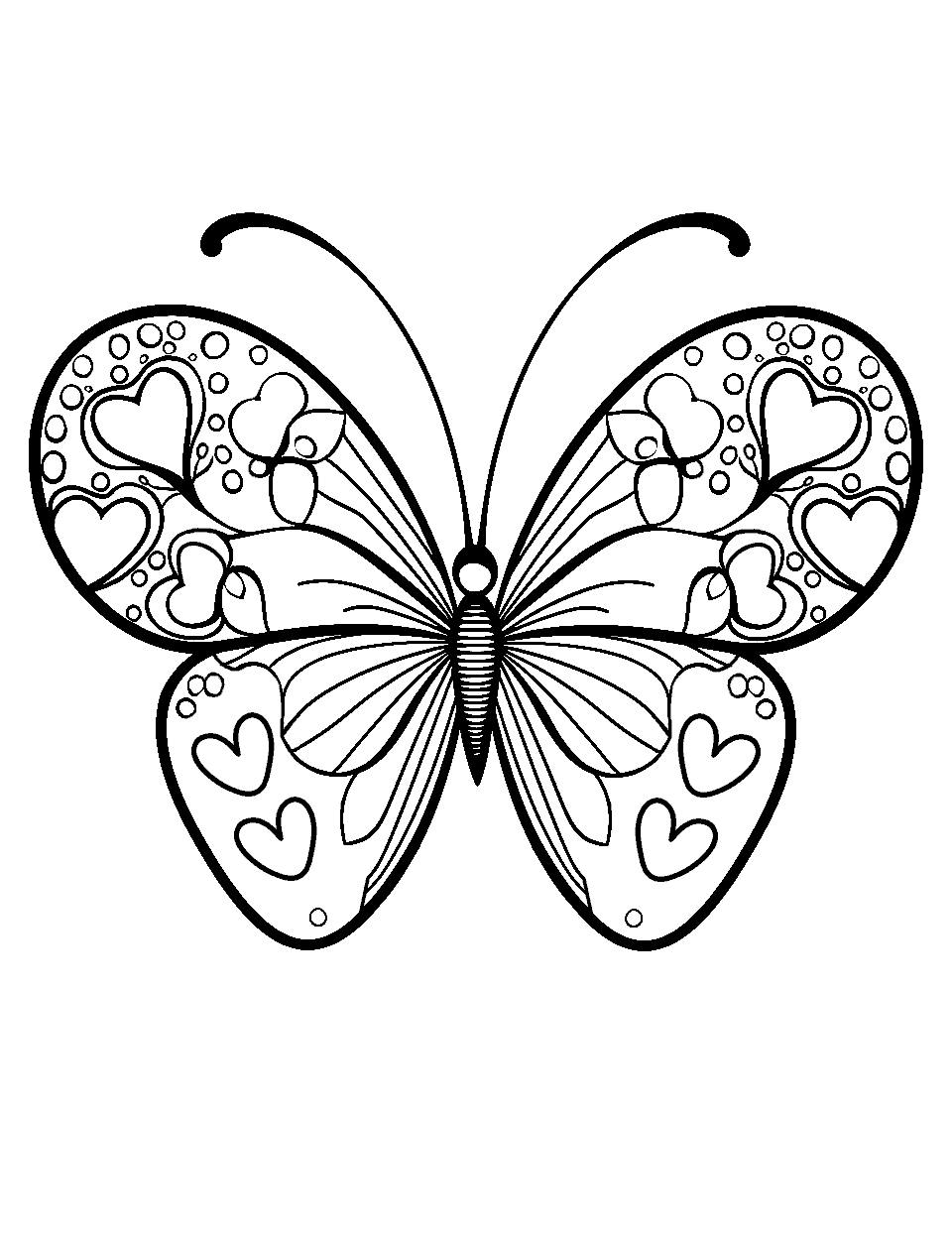 Butterfly with Heart Wings Coloring Page - A delicate butterfly with wings shaped like hearts and heart-shaped spots on it.