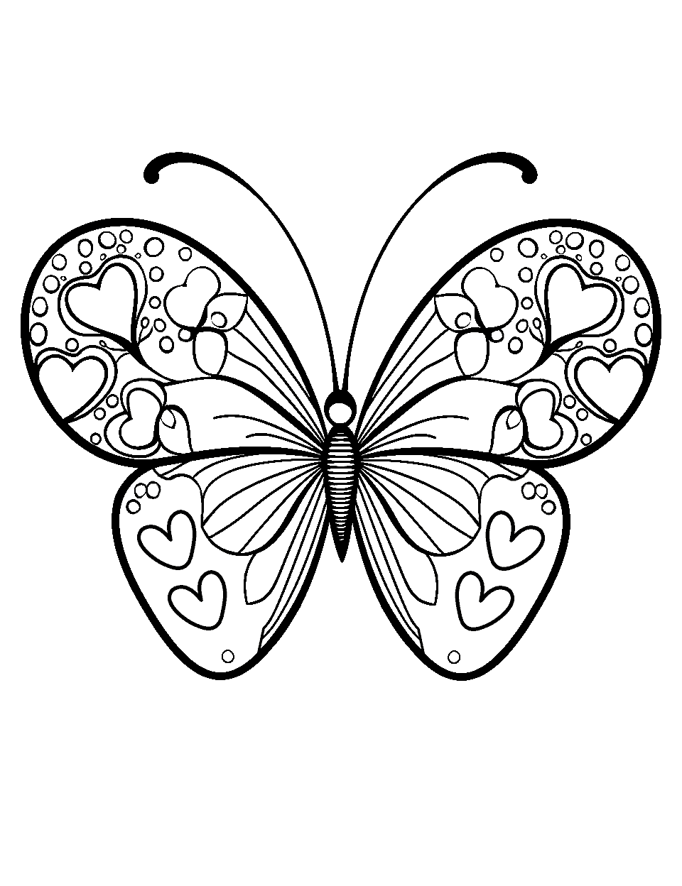 Butterfly with Heart Wings Valentines Day Coloring Page - A delicate butterfly with wings shaped like hearts and heart-shaped spots on it.