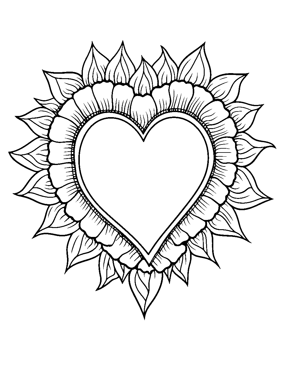 Sunflower with Heart Coloring Page - A sunflower with the center shaped uniquely like a heart.