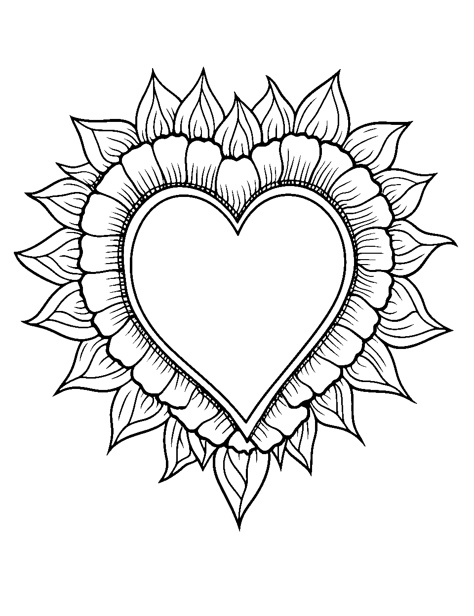 Sunflower with Heart Valentines Day Coloring Page - A sunflower with the center shaped uniquely like a heart.