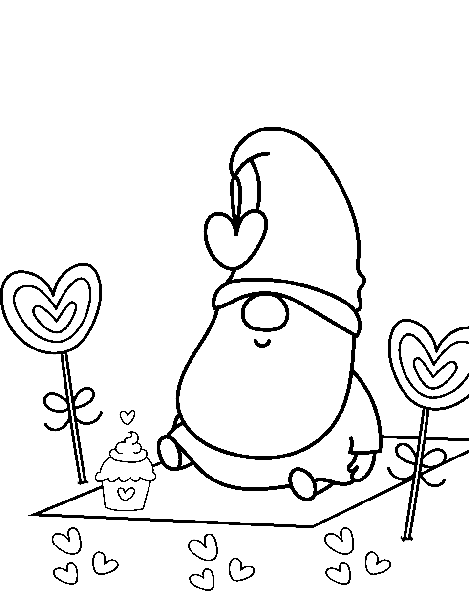 Gnome's Valentine Picnic Coloring Page - A gnome sitting on a blanket with heart toys all around celebrating Valentine’s Day.