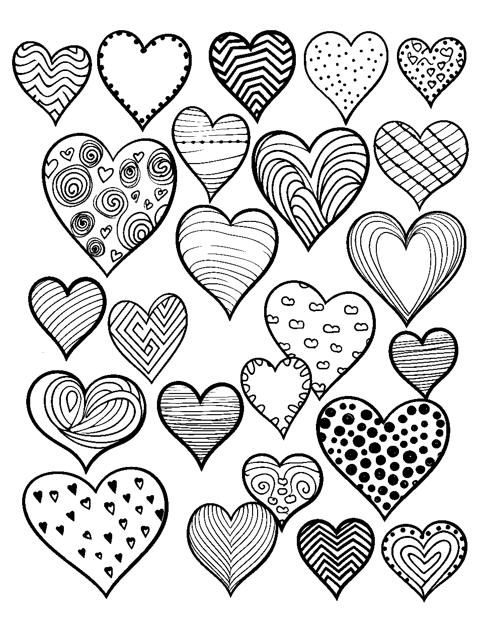 Heart Coloring Medley Coloring Page - Various sizes of hearts, each with a unique pattern.