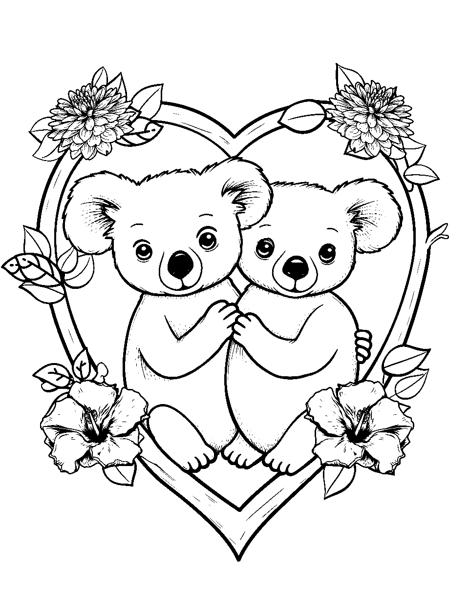 Loving Koala Couple Coloring Page - Two koalas sitting together with heart-shaped vines around them.