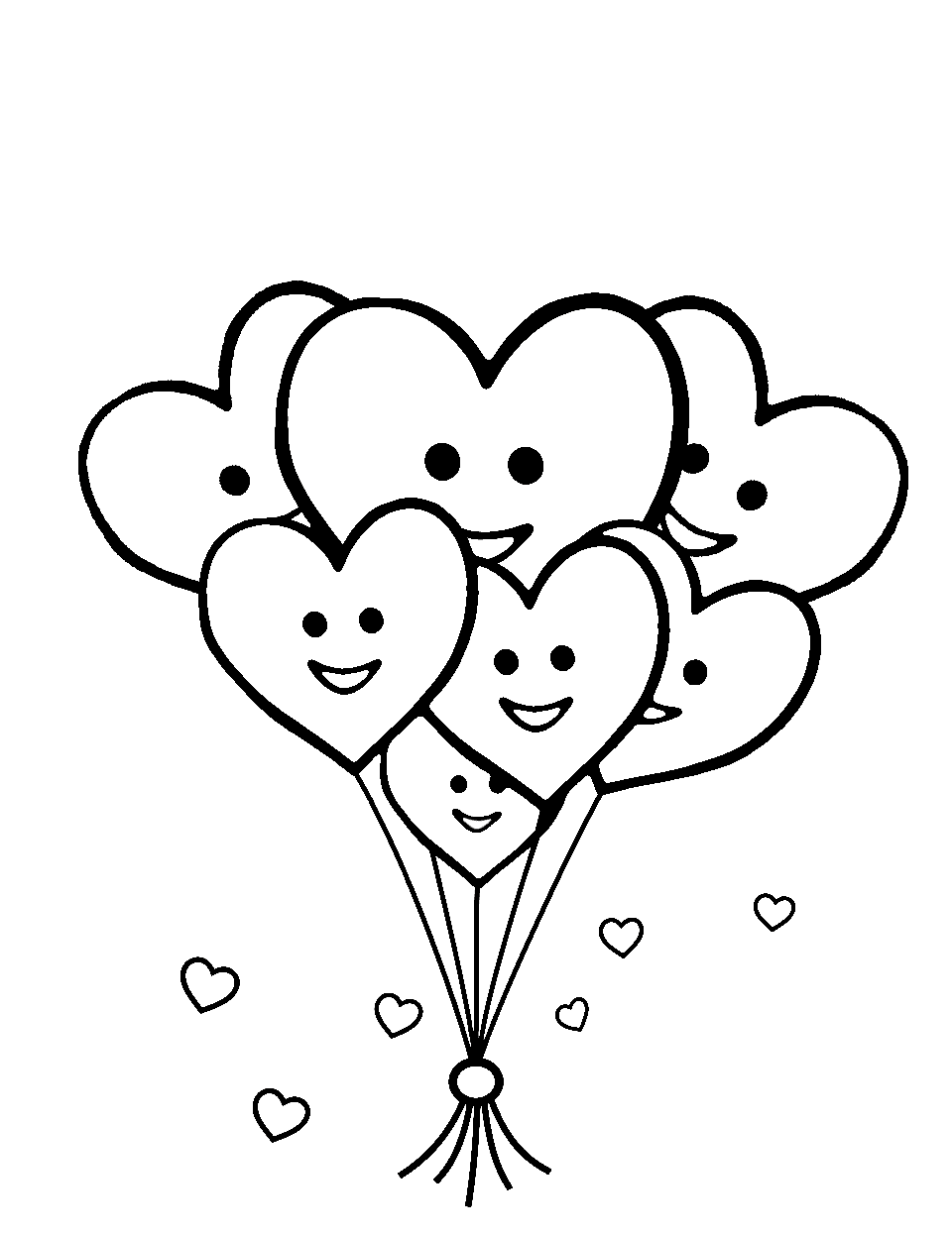 Kawaii Heart Balloons Valentines Day Coloring Page - Cute kawaii heart-shaped balloons with smiling faces floating in the sky.