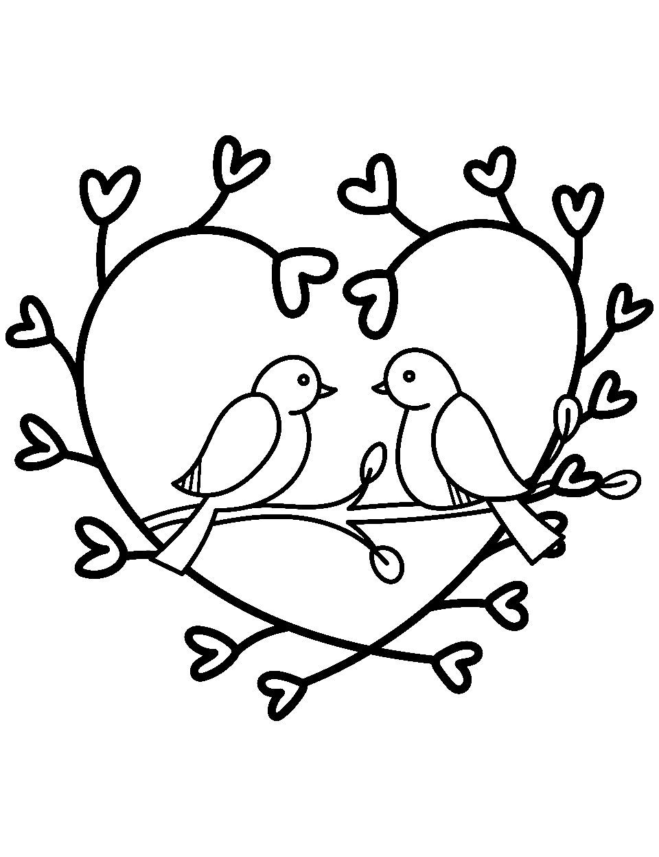 Married Birds on a Branch Valentines Day Coloring Page - Two lovebirds sitting on a branch with heart shaped vine encasing them.