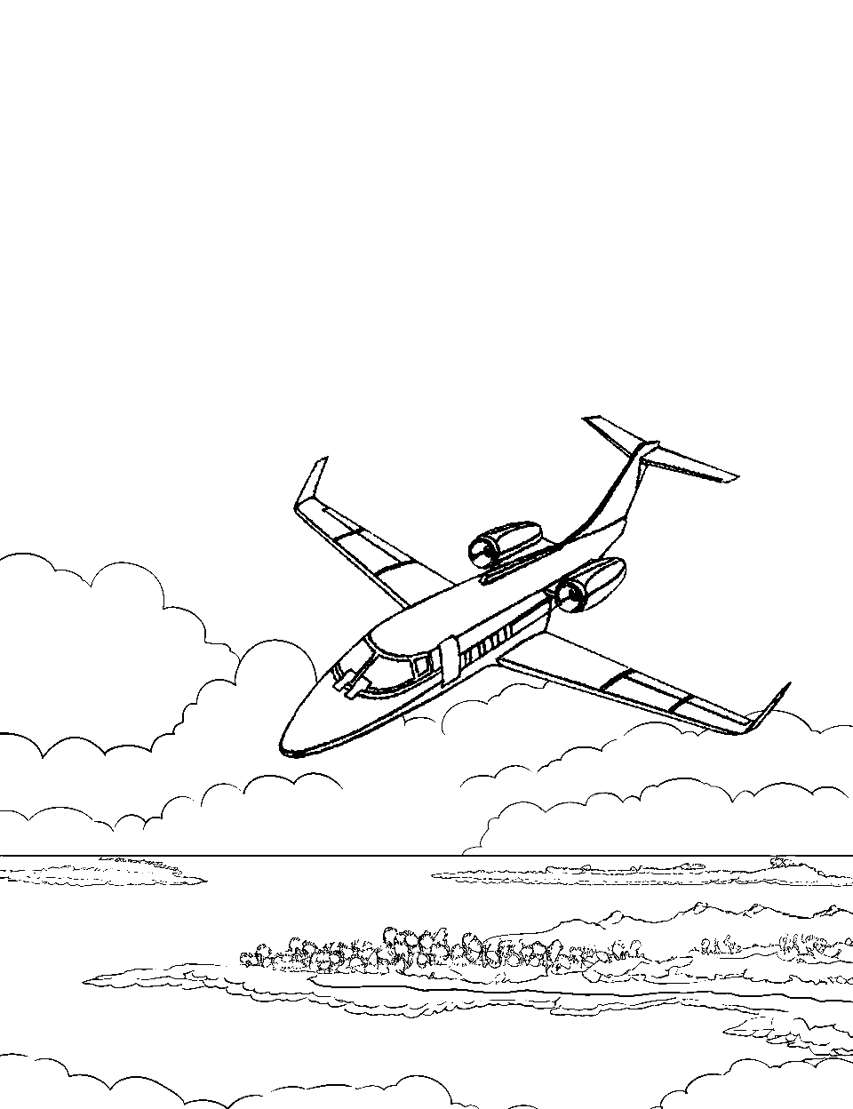 Luxury Private Jet Airplane Coloring Page - A sleek private jet flying over a coastal area.