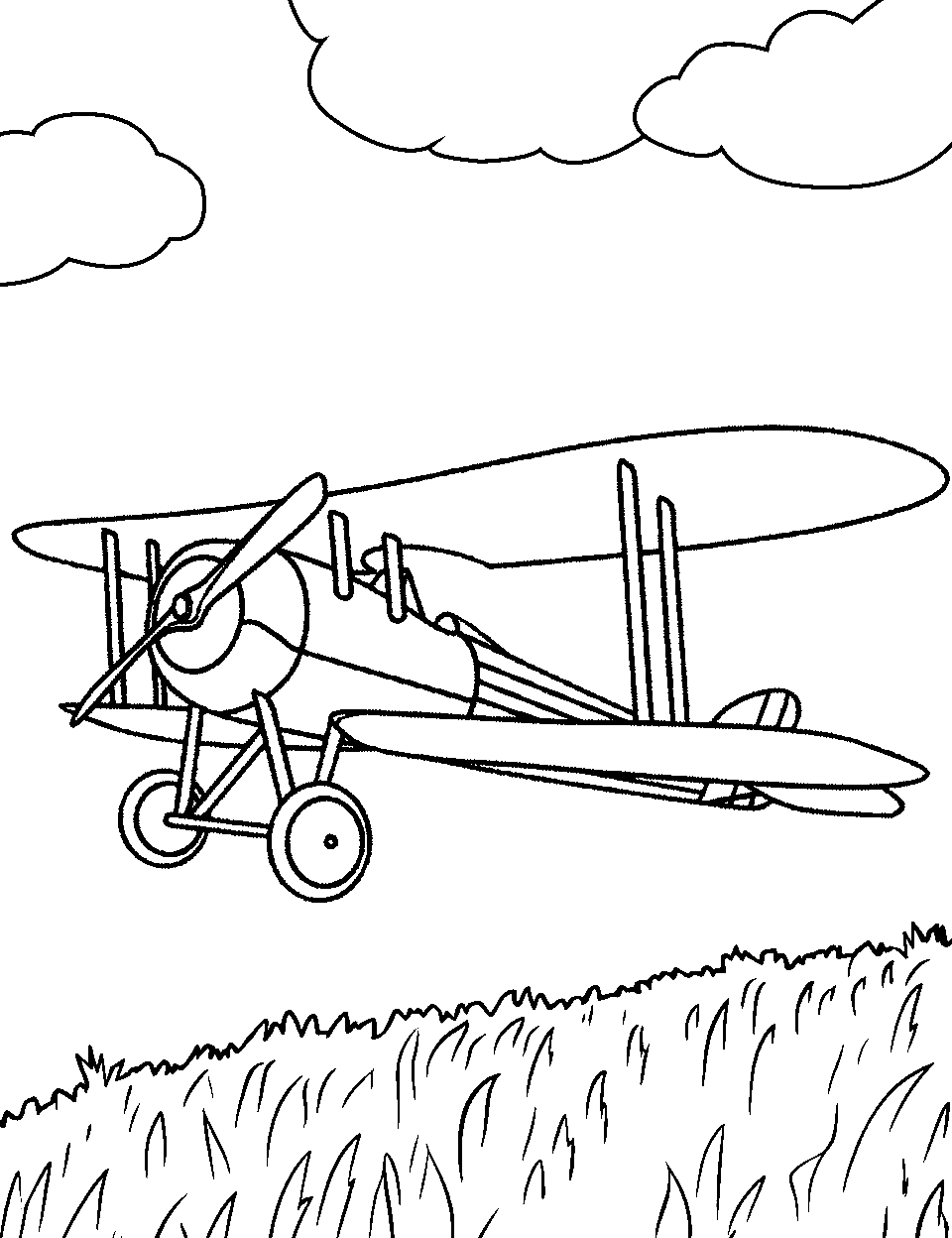 Classic Biplane Airplane Coloring Page - An old-style biplane with a propeller, flying over a simple field.