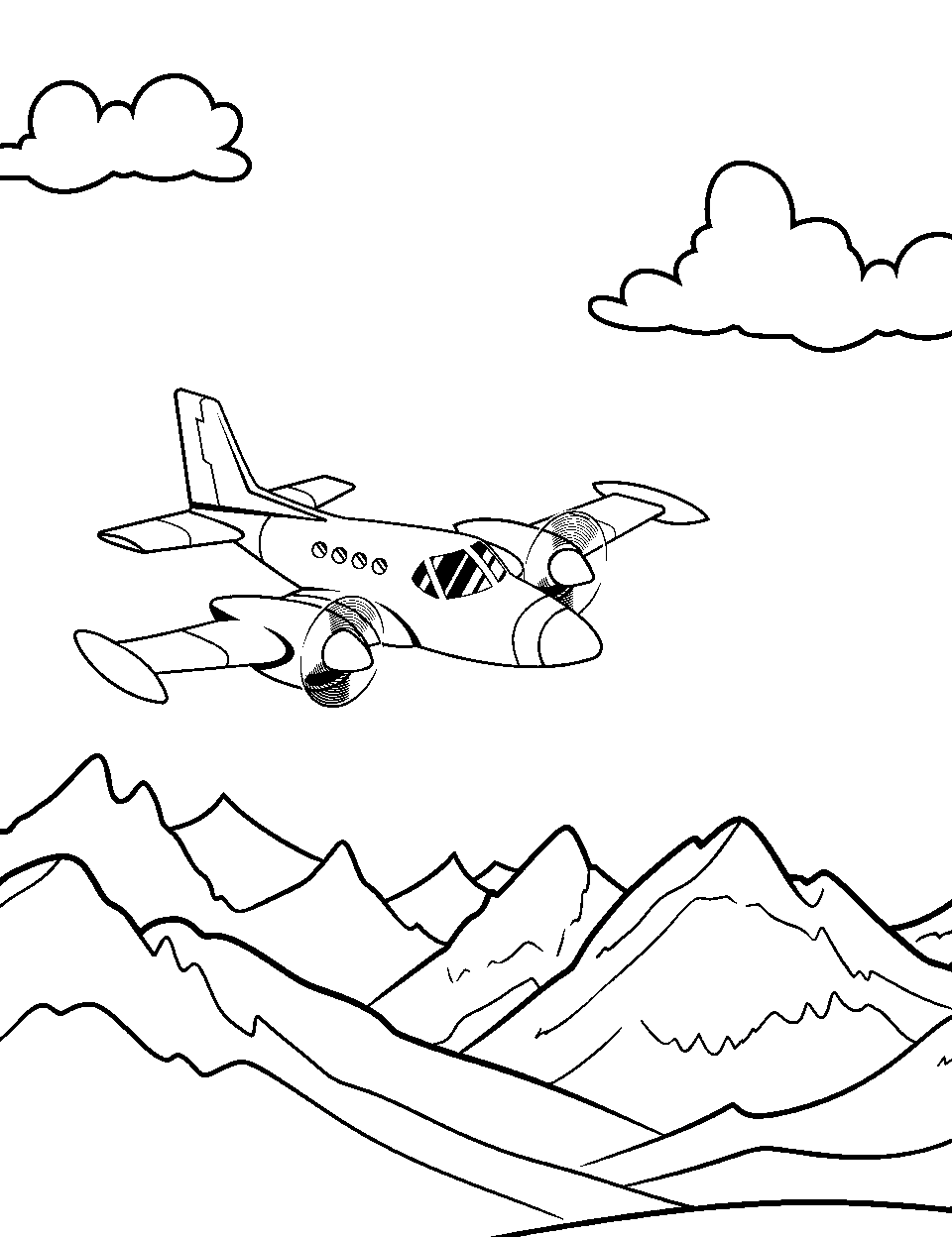 Rescue Plane Airplane Coloring Page - A rescue plane flying over a mountain range.