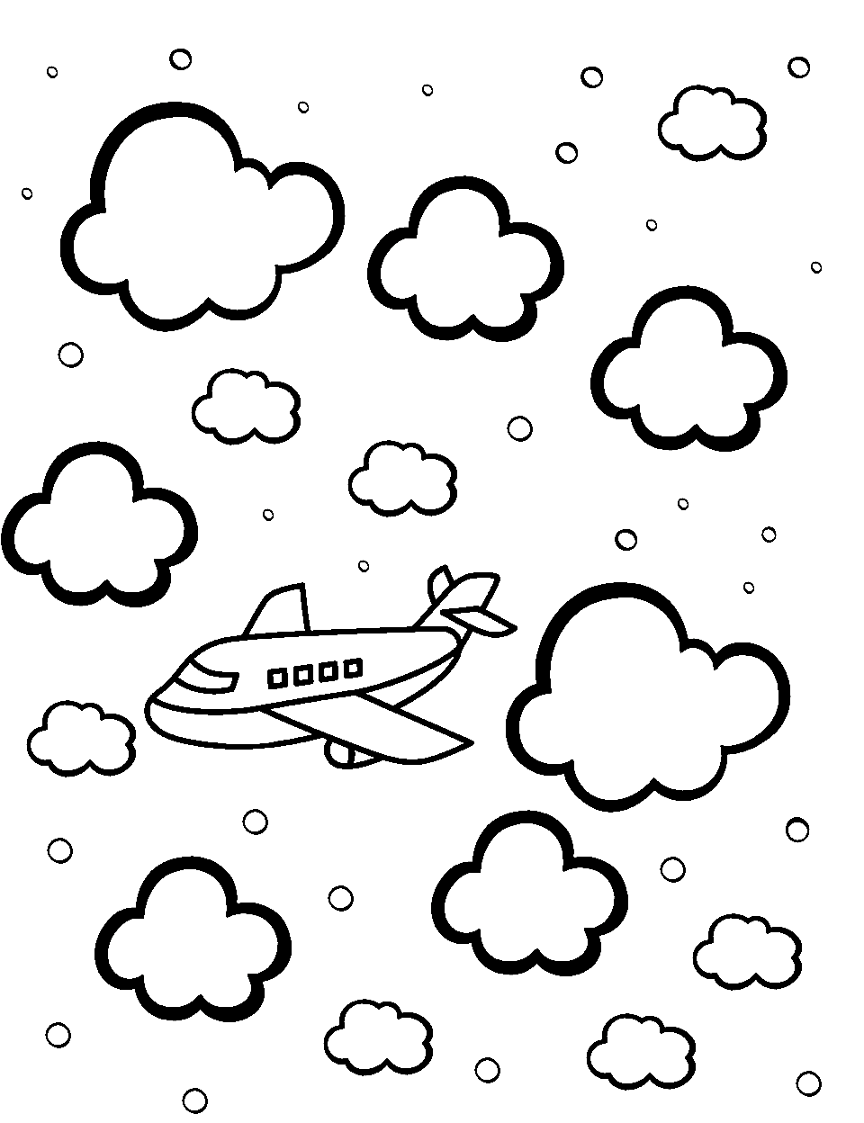 Playful Cloud Shapes Airplane Coloring Page - Various playful cloud shapes surrounding a small, cartoonish airplane.