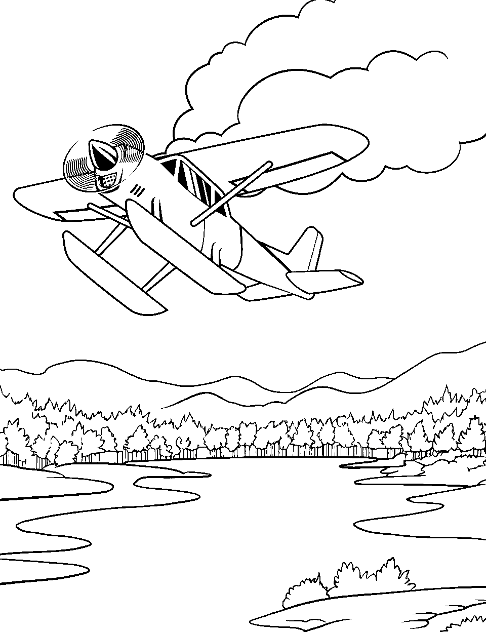 Seaplane Adventure Airplane Coloring Page - A seaplane flying over a lake surrounded by trees.