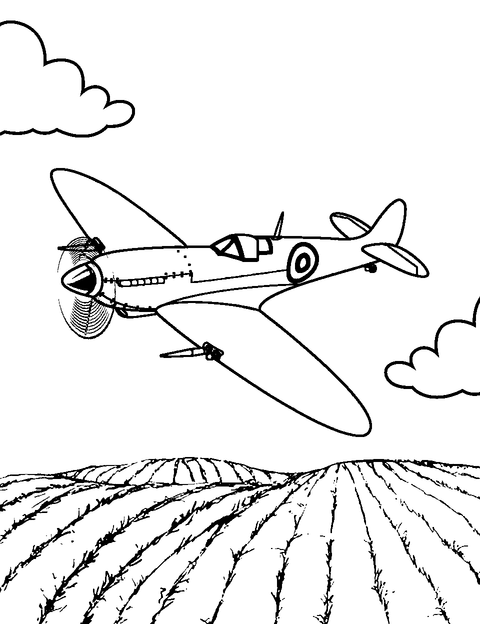 Vintage Warplane Airplane Coloring Page - A vintage warplane from World War II flying over open fields.