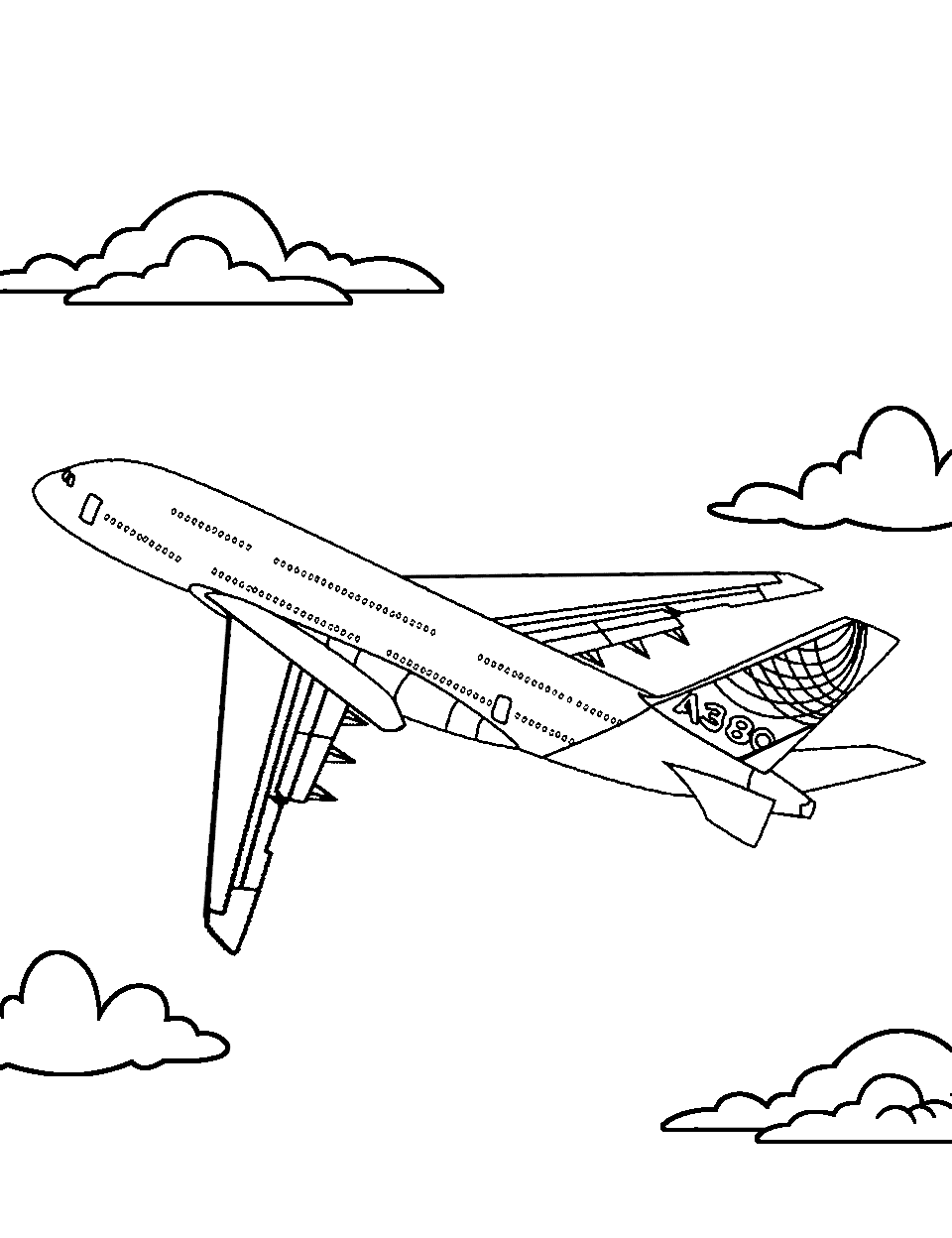 Airbus A380 in the Clouds Airplane Coloring Page - The double-decker Airbus A380 flying high among fluffy clouds.