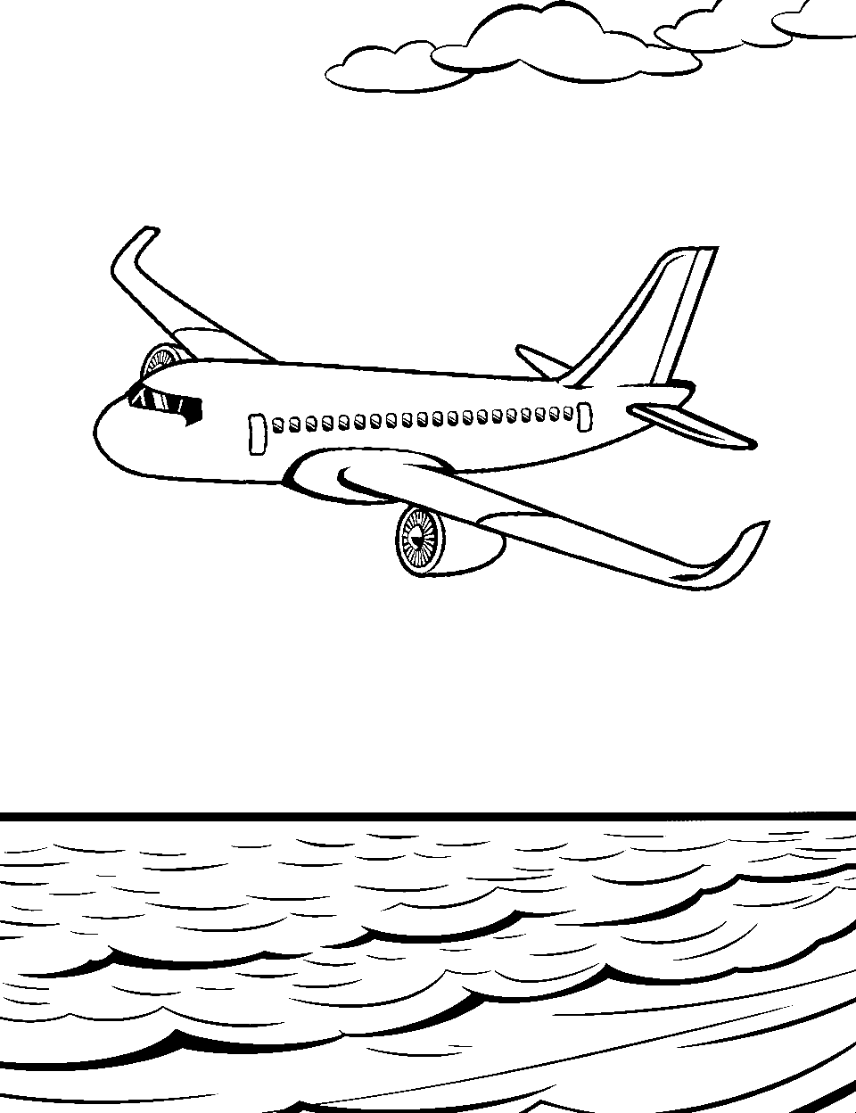 Flying Over the Ocean Airplane Coloring Page - An airplane flying low over a crystal blue ocean.