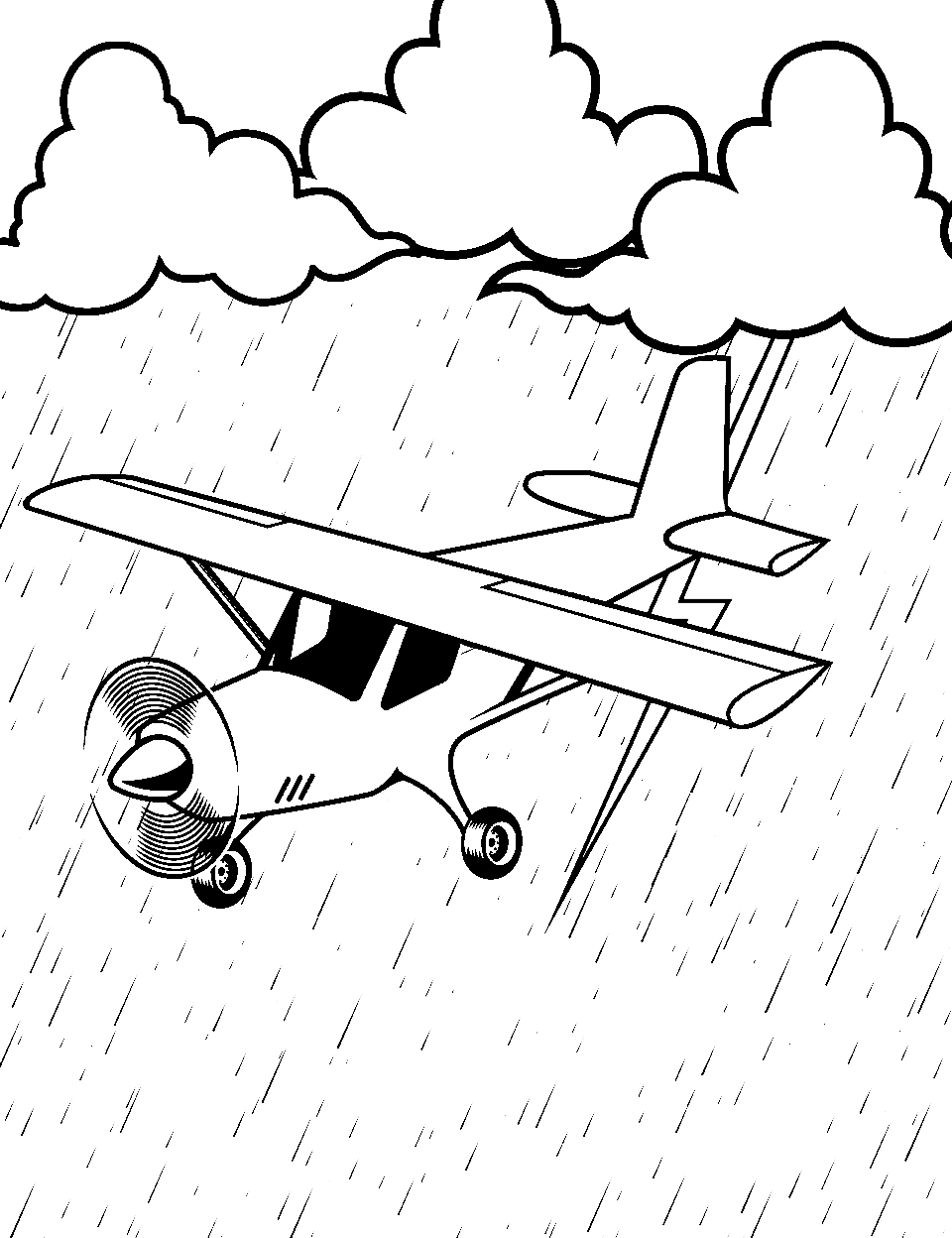 Airplane in a Storm Coloring Page - An airplane flying through a storm in the background.