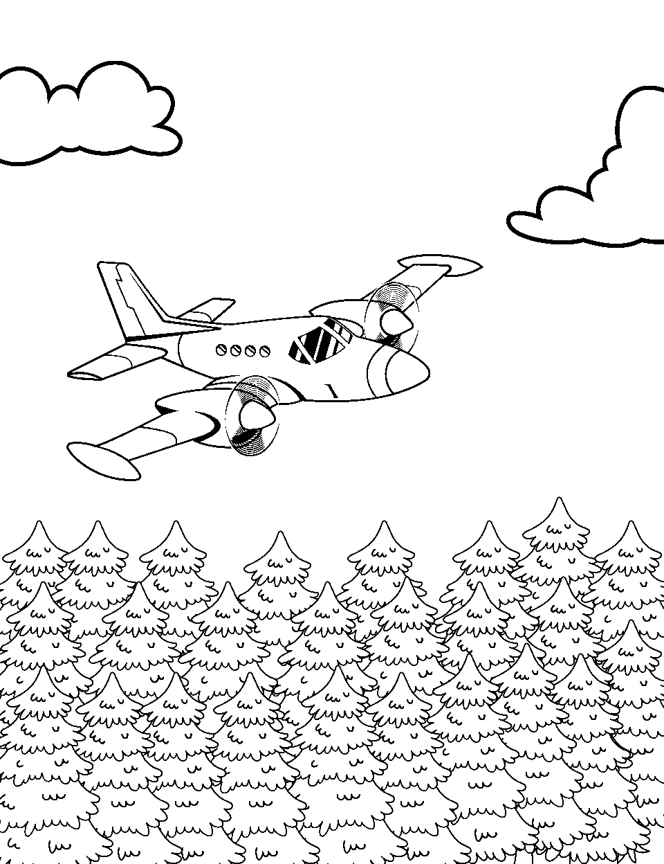 Aerial inspection Airplane Coloring Page - A plane checking out the forest condition from the sky above.