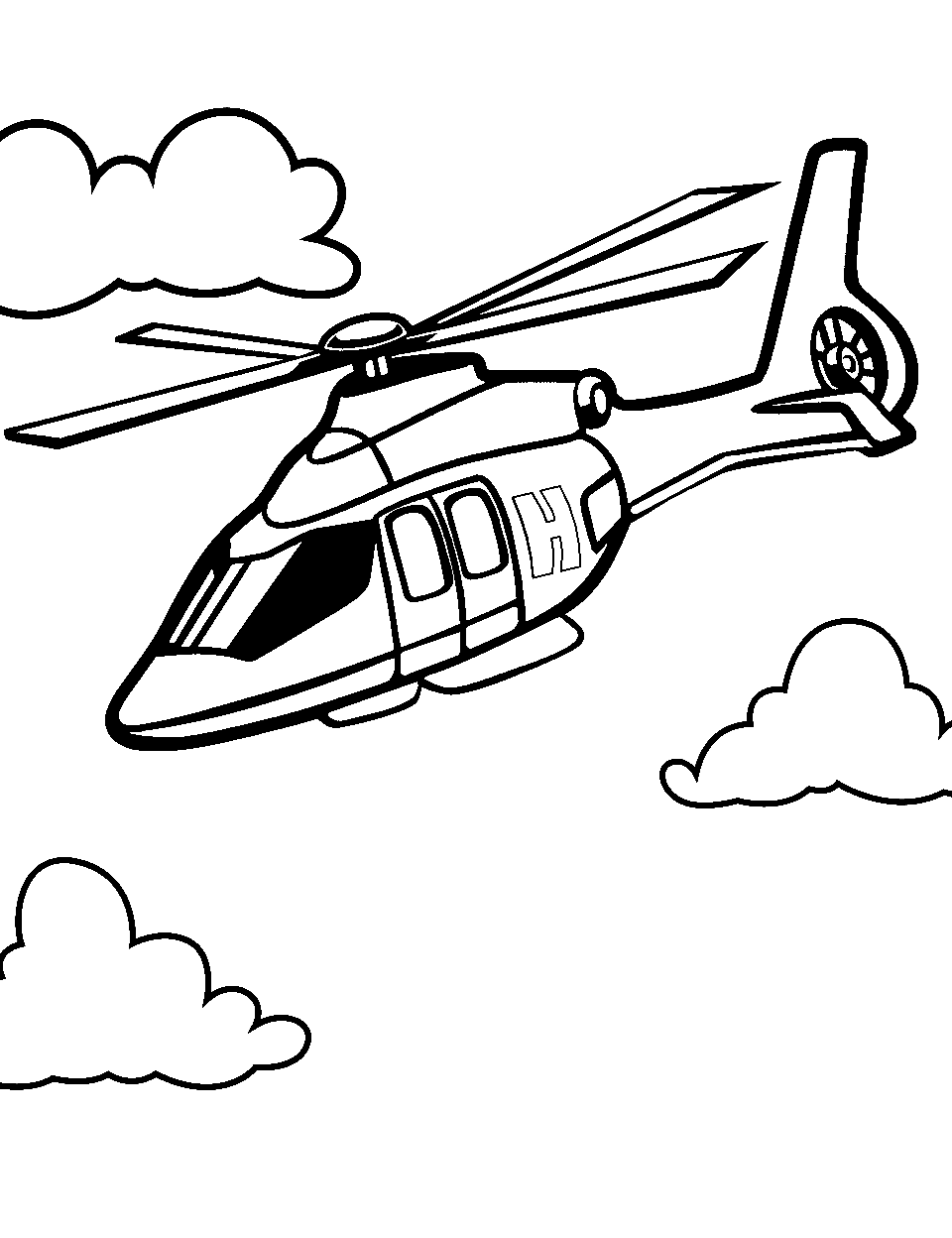 Air Ambulance in Action Airplane Coloring Page - An air ambulance helicopter rushing to a hospital.