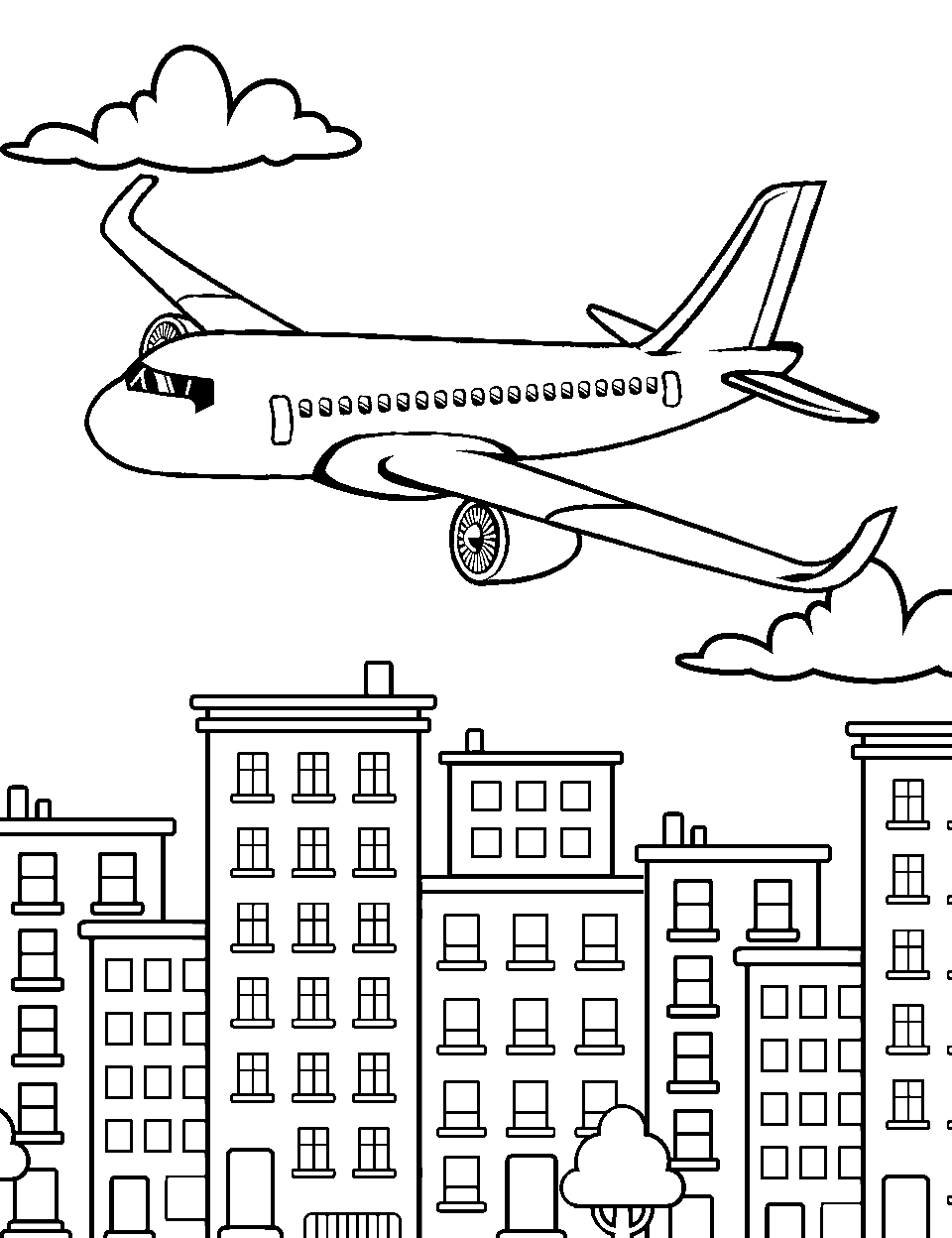 Airplane Over the City Coloring Page - An airplane flying over a simple cityscape.